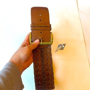 NWT Chicos Wide Brown Woven Leather Primitive Morgan Chocolate Belt L
